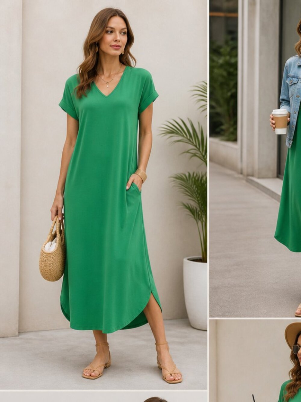 Entro NWT Green V Neck Jersey Knit Maxi Dress With Pockets Sz L - Picture 2 of 5